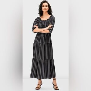 eShakti Black and White Striped 3/4 puffed Sleeve Dress
